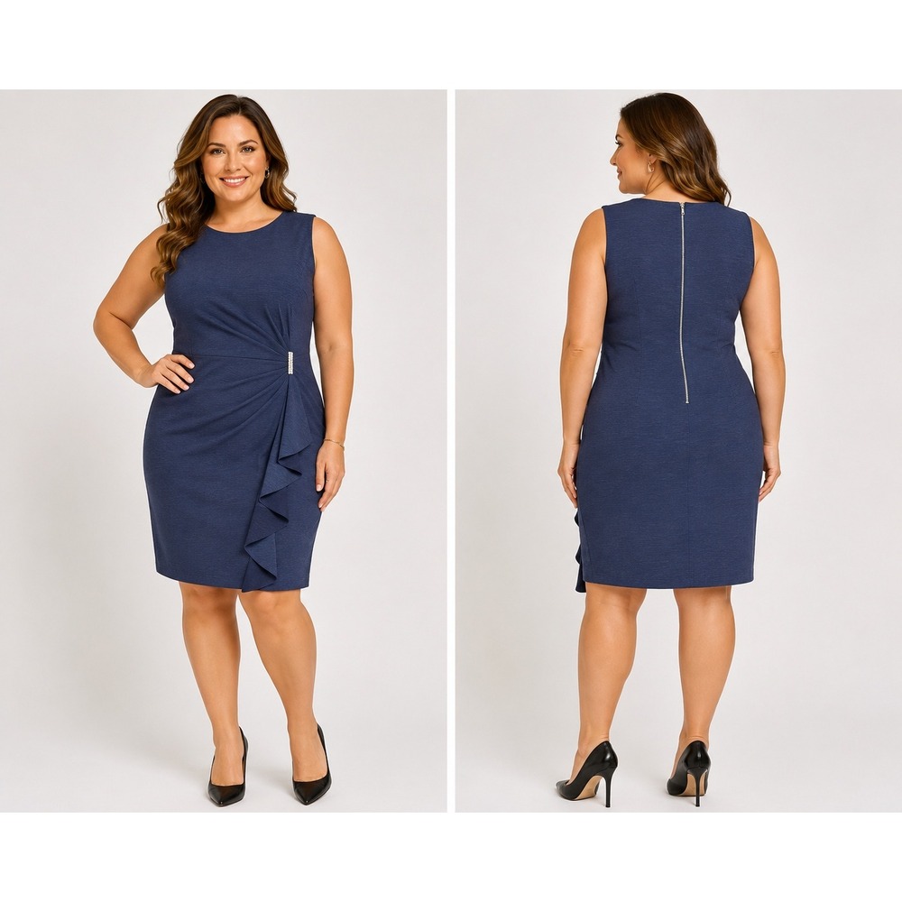 Scarlett Navy Blue Sleeveless Ruffle Sheath Dress Rhinestone Accent Size 18